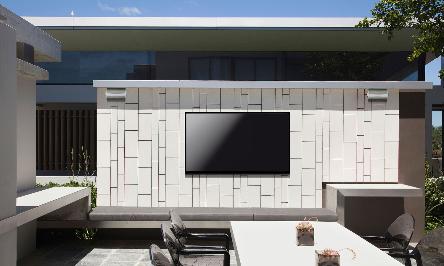 The AW550 mounted on the eaves of an outdoor structure