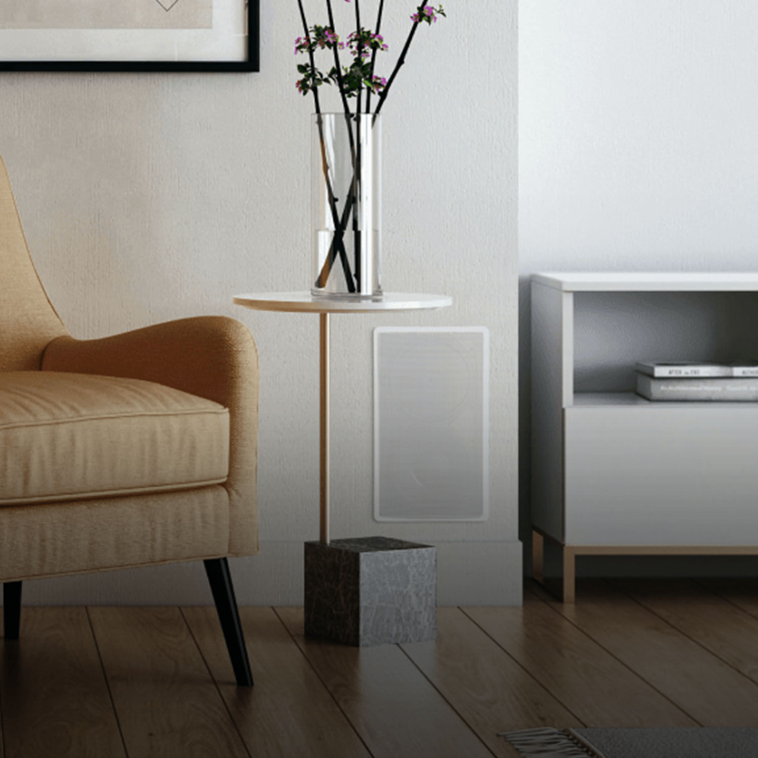 A living room with a subwoofer embedded in a wall.