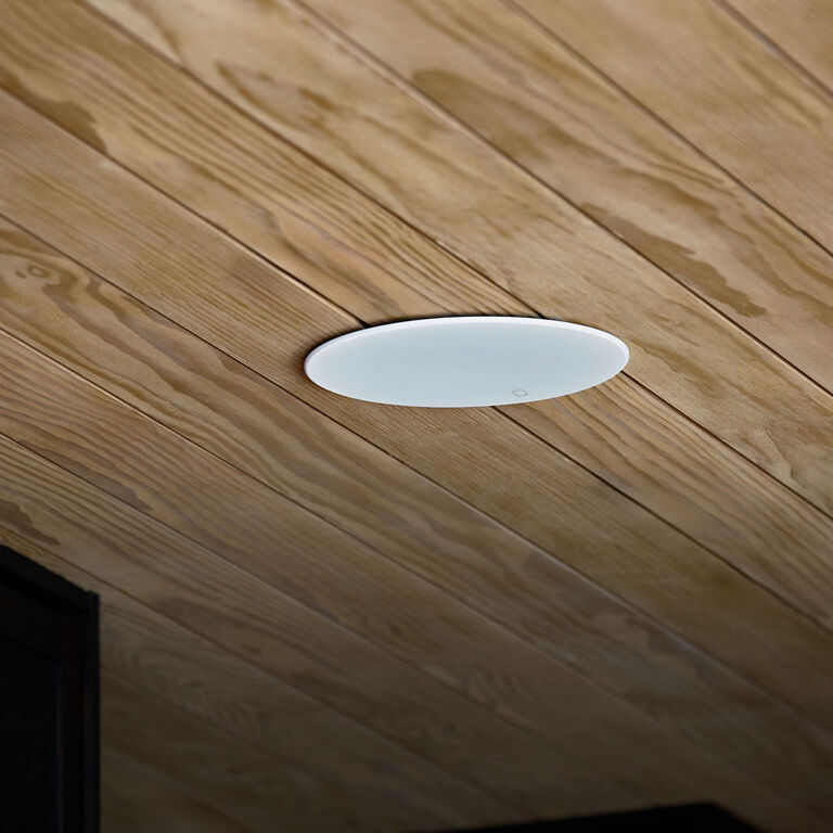 A round speaker building into a wood ceiling.